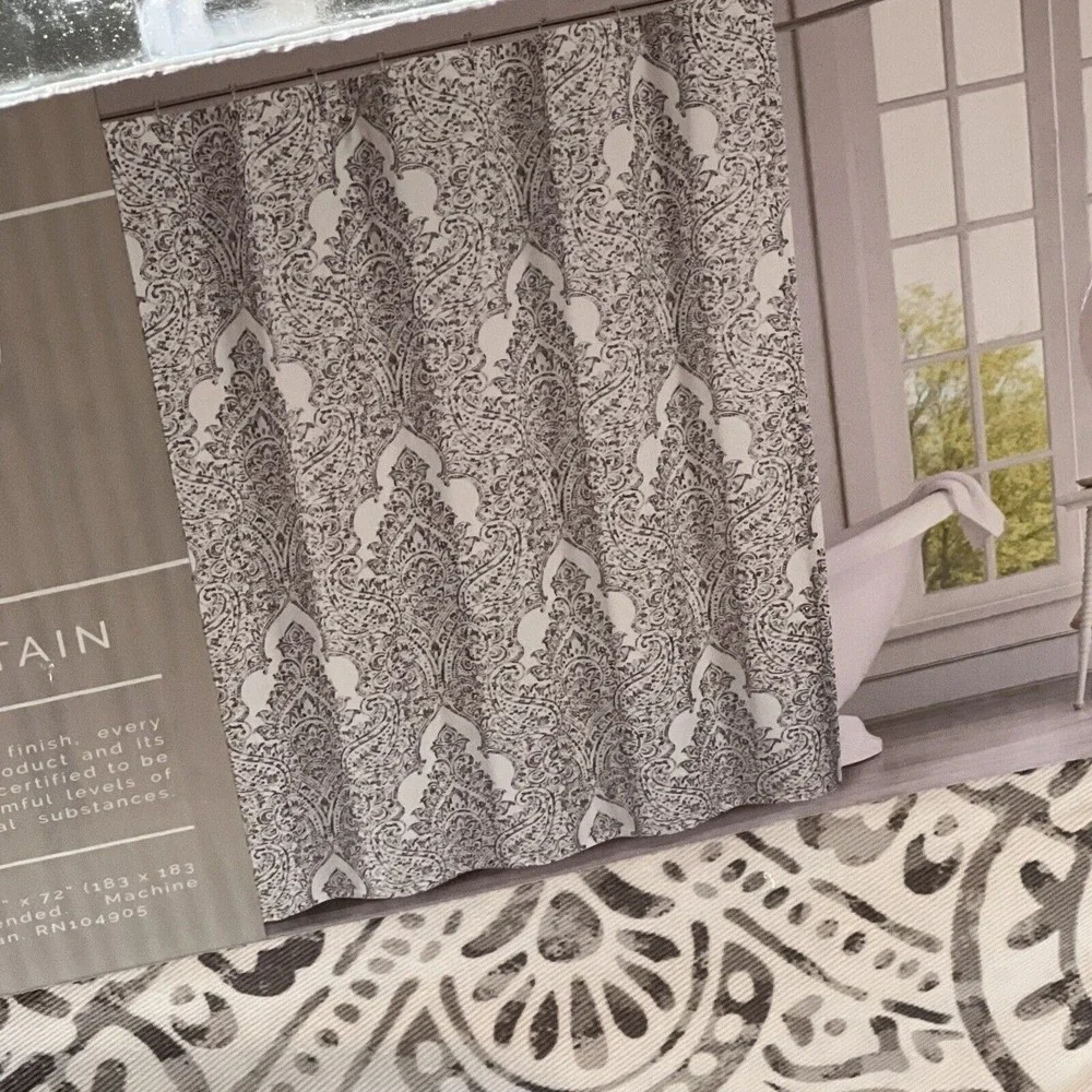 New Indigo Loft Paisley Medallion Flower Shower Curtain White Gray Cotton Blend